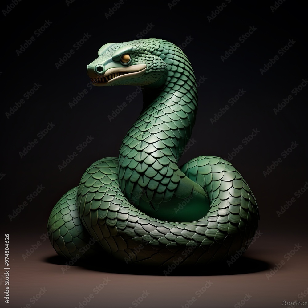 Fototapeta premium Serpentine Elegance Intricate Green Snake Sculpture Isolated on Black Background