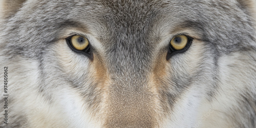 Obraz premium Monochrome close-up of a wolf's face, emphasizing the intricate texture of fur and the sharpness of its intense gaze
