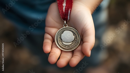 Child's Hand Holding a Medal: A small child's hand holding a large medal, with a focus on the innocence and pride of the moment. 