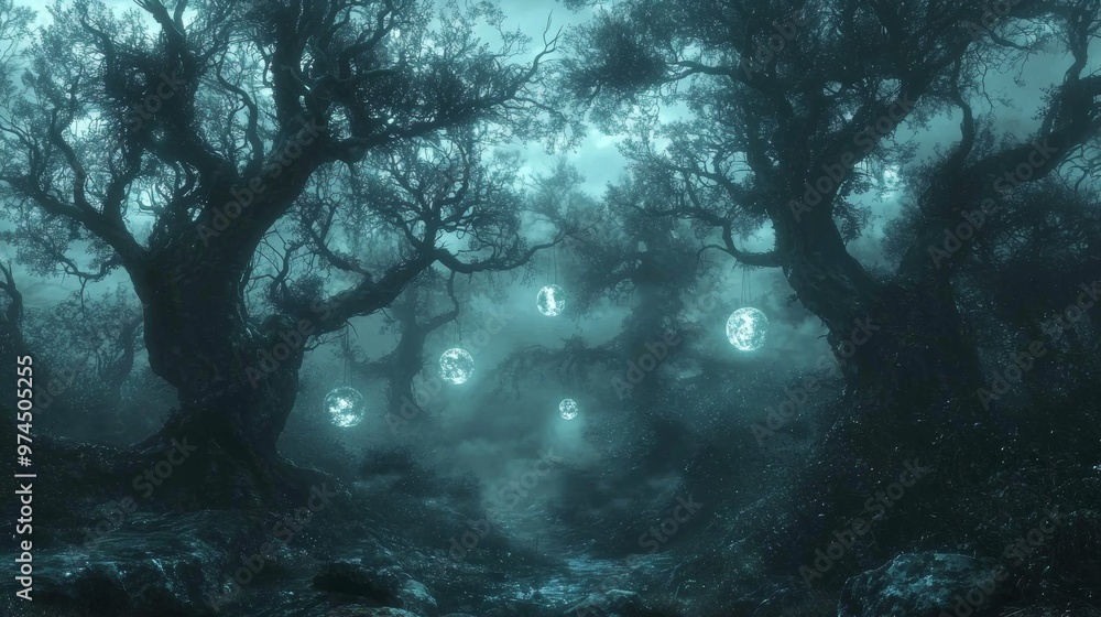 Obraz premium Mystical Forest Path with Glowing Orbs