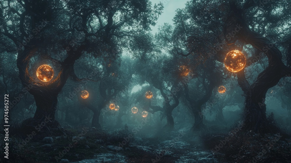 Mystical Forest with Glowing Orbs and Fog Mystical Forest with Glowing Orbs and Fog