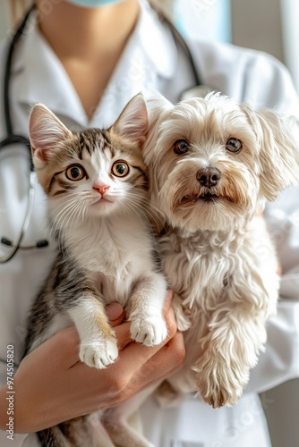 the veterinarian holds a cat and a dog in his hands. Selective focus