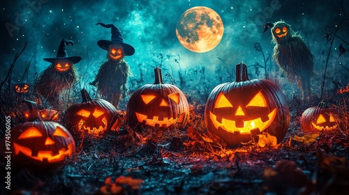 Spooky Halloween Pumpkins and Scarecrow Silhouettes Under a Full Moon