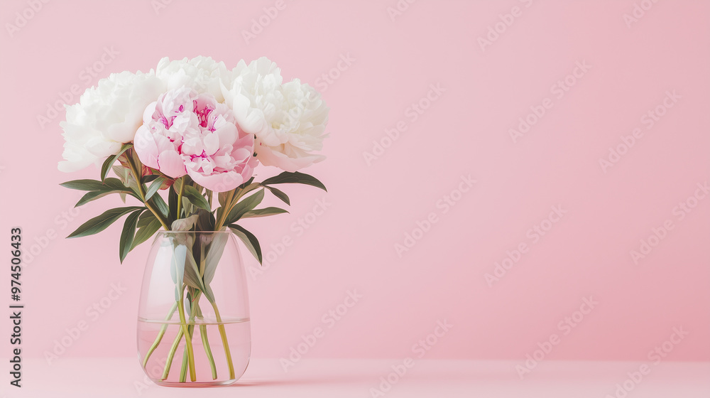 pink and white peony in a glass vase on a pink background with copy space pink and white peony in a glass vase on a pink background with copy space