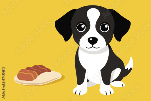 puppy with a short coat and floppy ears is sitting next to a plate of bacon strips H.eps