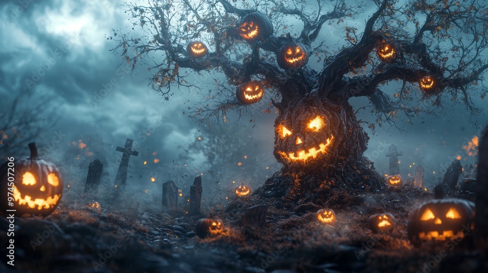 Spooky Halloween Jack o Lantern Tree with Glowing Pumpkins and Graveyard Spooky Halloween Jack o Lantern Tree with Glowing Pumpkins and Graveyard