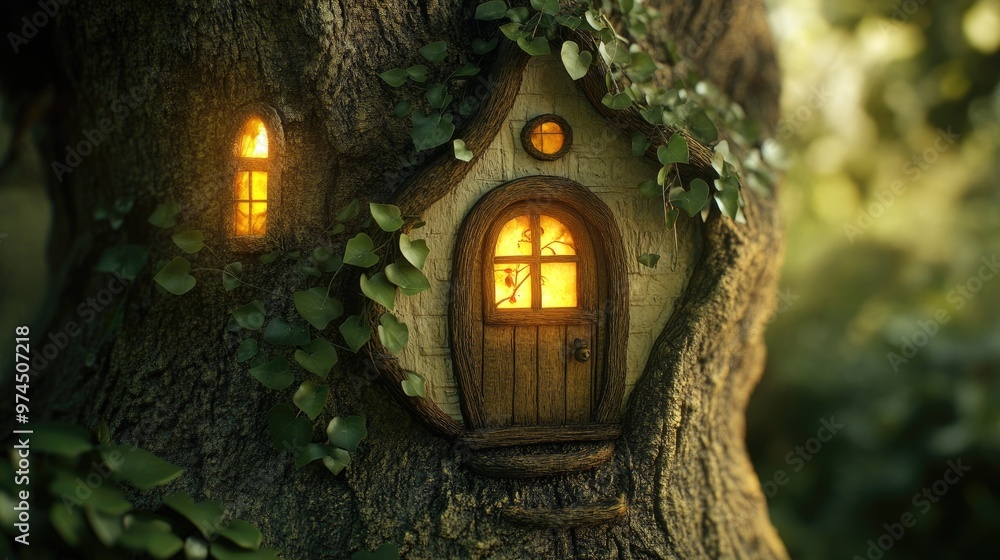 A quaint fairy home inside an old white oak tree, with leafy green vines climbing up the bark and soft light spilling from the windows. A quaint fairy home inside an old white oak tree, with leafy green vines climbing up the bark and soft light spilling from the windows.