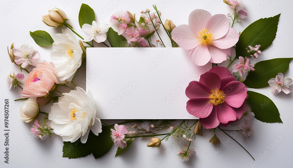 Wedding, birthday stationery mock-up scene. Blank paper greeting card, invitation. Decorative floral composition. Closeup of pink roses petals, peonies, hydrangea flowers and eucalyptus leaves. Wedding, birthday stationery mock-up scene. Blank paper greeting card, invitation. Decorative floral composition. Closeup of pink roses petals, peonies, hydrangea flowers and eucalyptus leaves.