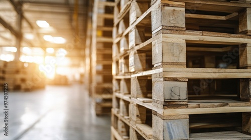 Close-up of stacked wooden shipping pallets in a spacious warehouse environment.