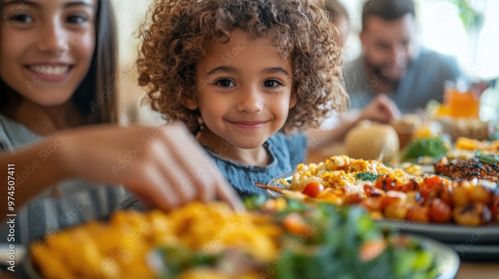 A close-up of a diverse family sharing a meal, hands reaching for dishes, with expressions of warmth and connection visible. A close-up of a diverse family sharing a meal, hands reaching for dishes, with expressions of warmth and connection visible.