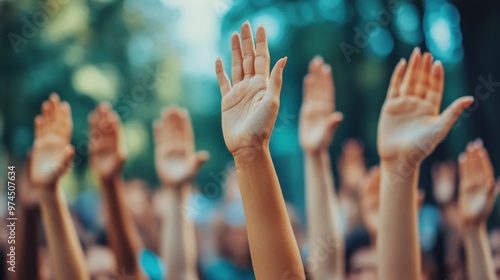 A close-up of a diverse group of hands raised in the air, symbolizing solidarity, activism, and collective action.