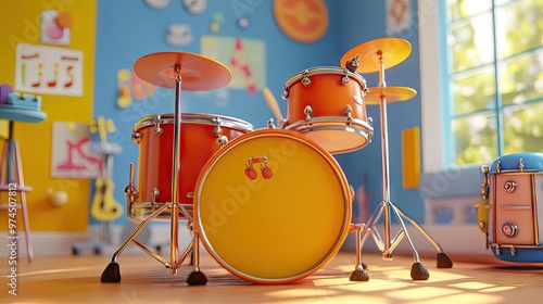 A realistic 3D drum set designed in a cartoon-like plastic style, showcasing musical instruments with a playful twist.