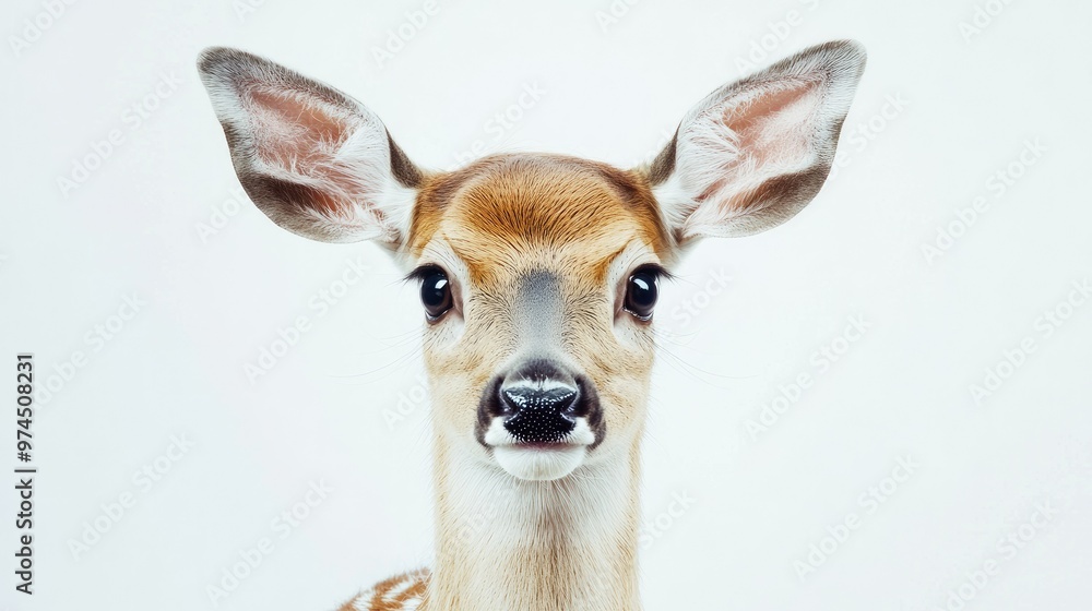 Cute female deer with soft, velvety fur and alert ears, set against a minimalistic white background, highlighting her natural elegance Cute female deer with soft, velvety fur and alert ears, set against a minimalistic white background, highlighting her natural elegance
