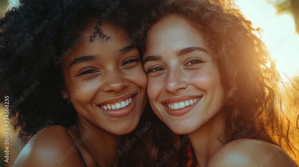 A close-up of a mother and daughter of different races sharing a joyful moment, their laughter and love shining through. A close-up of a mother and daughter of different races sharing a joyful moment, their laughter and love shining through.