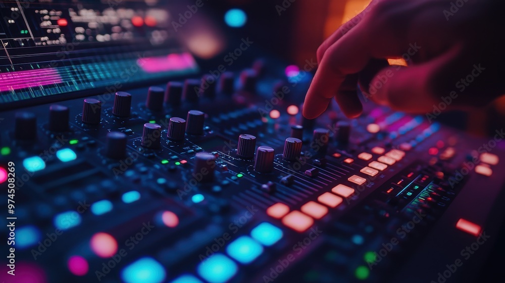 A close-up of a musician hand adjusting virtual knobs on a digital audio workstation, with sound waves and effects visible on the screen. A close-up of a musician hand adjusting virtual knobs on a digital audio workstation, with sound waves and effects visible on the screen.