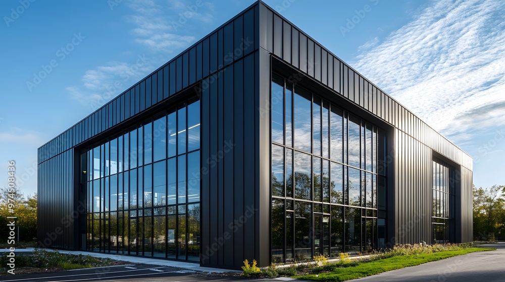 A modern industrial building with black and white metal cladding, featuring large windows for natural light and steel frames A modern industrial building with black and white metal cladding, featuring large windows for natural light and steel frames