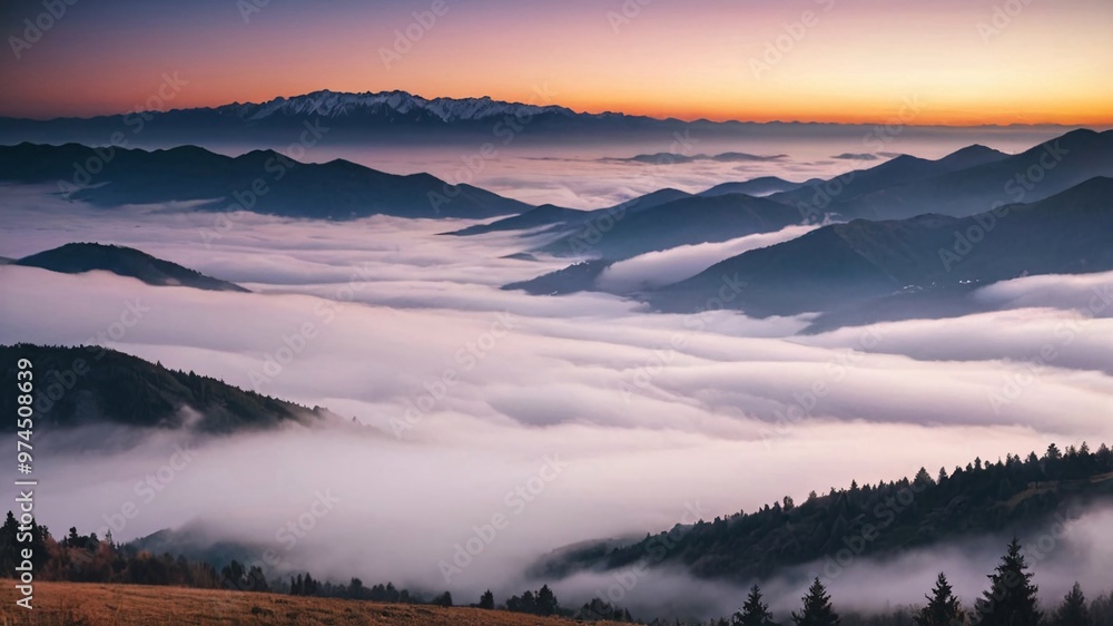 Fototapeta premium Misty mountain landscape at dawn with a pink sky.