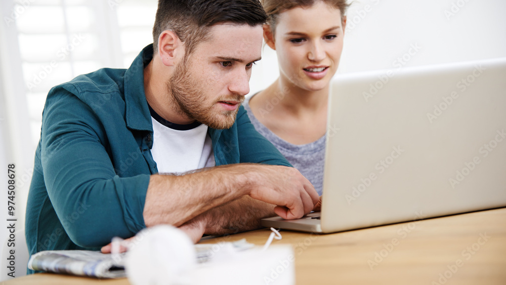 Couple, home and reading with laptop on website or internet for house planning and furniture options. People, relationship and smile or satisfied on browsing with results for online shopping on table Couple, home and reading with laptop on website or internet for house planning and furniture options. People, relationship and smile or satisfied on browsing with results for online shopping on table
