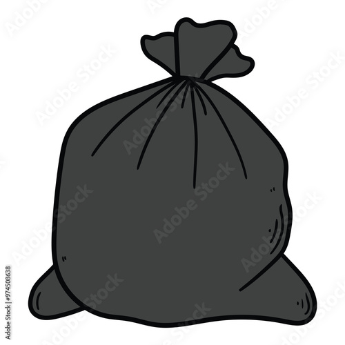 Hand drawn cartoon black full garbage bag on white background.