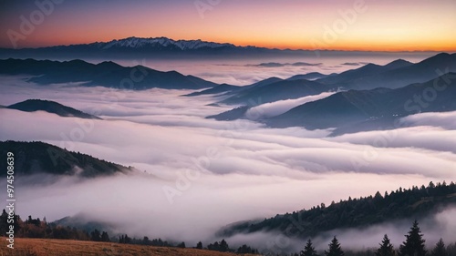 Misty mountain landscape at dawn with a pink sky.