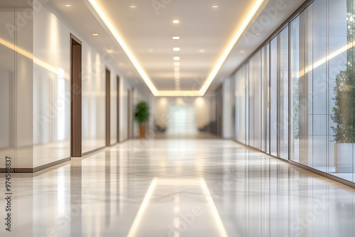 Wallpaper Mural Modern office corridor with polished floors, glass walls, and ambient lighting, creating a professional and sleek environment. Torontodigital.ca