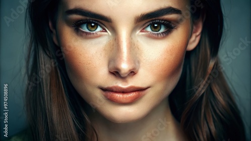 A stunning close-up portrait of a young woman's radiant face, accentuated by a distinctive beauty mark above her left eyebrow, exuding confidence and elegance. photo