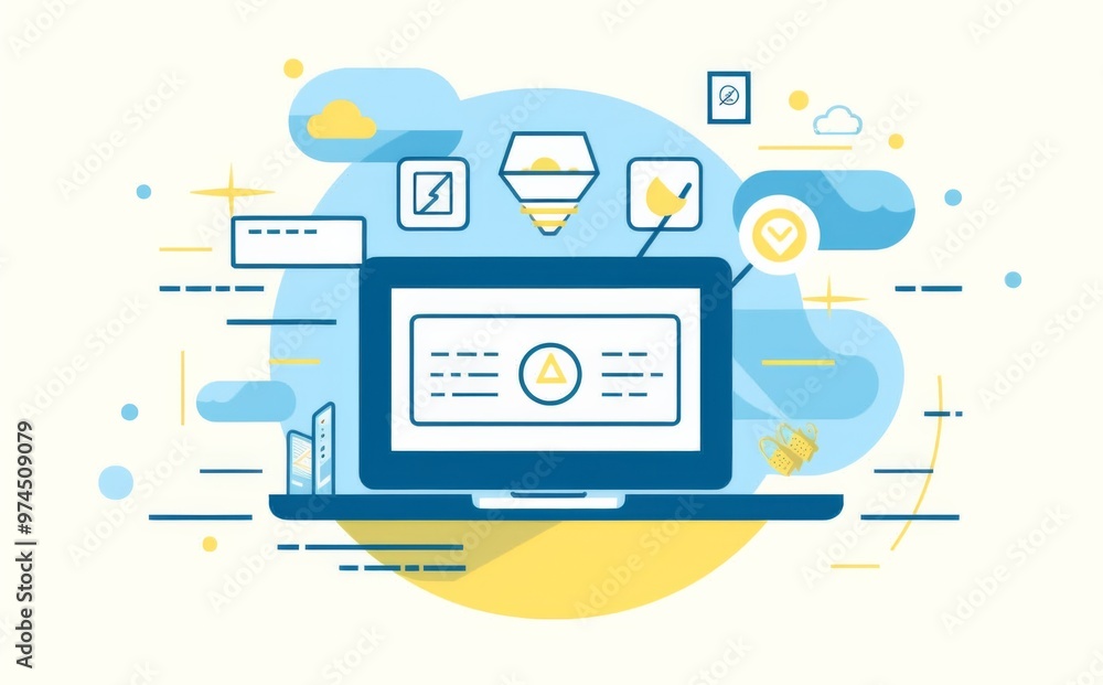 ector Illustration of an Email on a Screen Surrounded by Marketing Icons, with a Light Blue Background and White and Yellow Colors ector Illustration of an Email on a Screen Surrounded by Marketing Icons, with a Light Blue Background and White and Yellow Colors