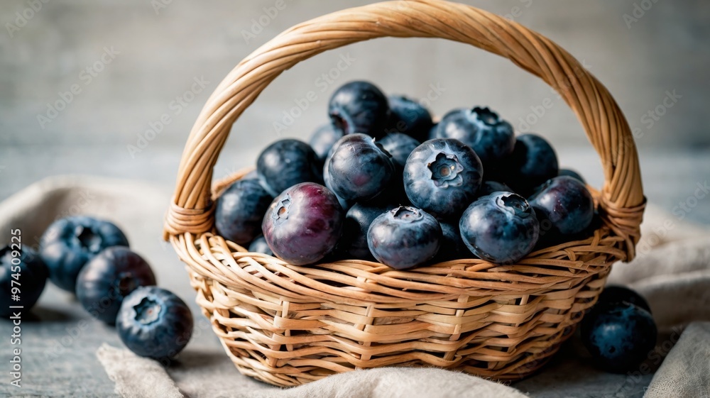 Fresh Blueberries in a Rustic Wicker Basket on a Wooden Table Surface Fresh Blueberries in a Rustic Wicker Basket on a Wooden Table Surface