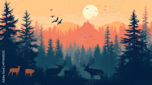 Silhouetted Deer in a Misty Forest with a Sunset Sky and a Mountain Peak