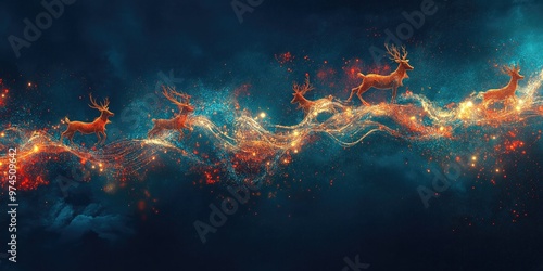 Reindeer soaring with sparkling light trail across a starry dark blue sky
