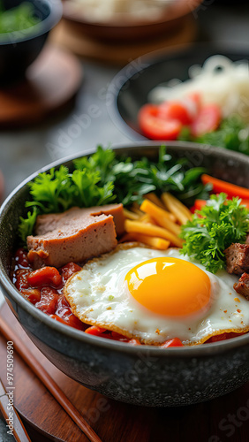 Delicious bowl of noodle soup with egg, vegetables, and meat