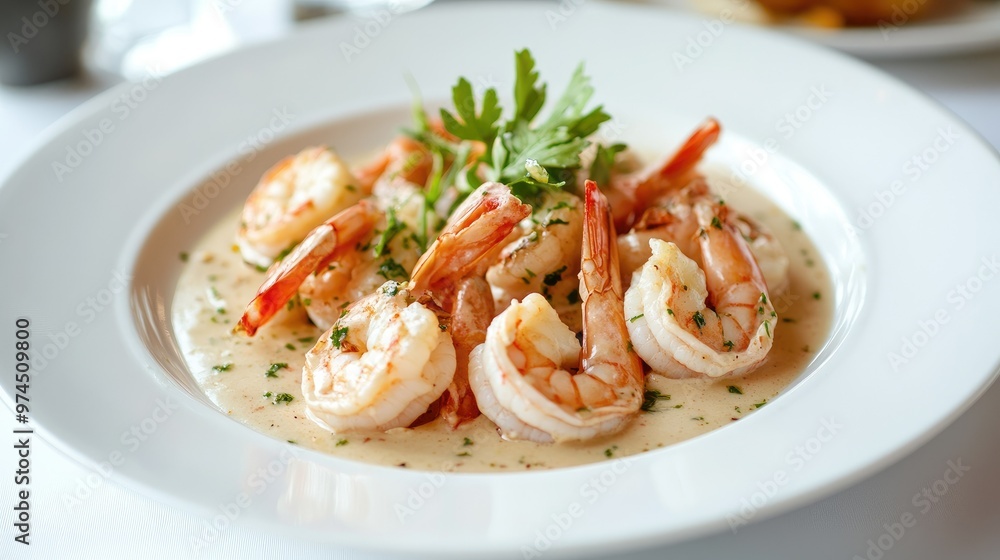Elegant white plate featuring a savory creamy prawn dish, styled for an appealing food menu. Elegant white plate featuring a savory creamy prawn dish, styled for an appealing food menu.