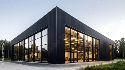 A modern industrial building with black and white metal cladding, featuring large windows for natural light and steel frames