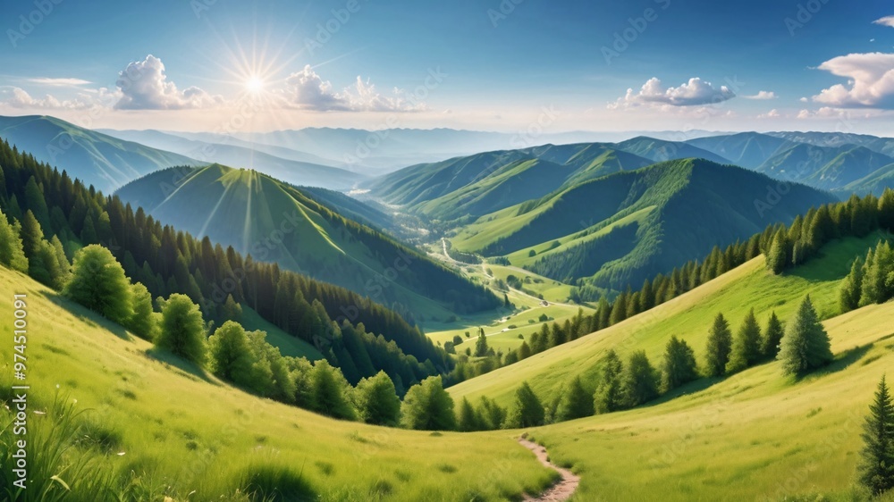 Sunbeams shining through a valley in the mountains. Sunbeams shining through a valley in the mountains.