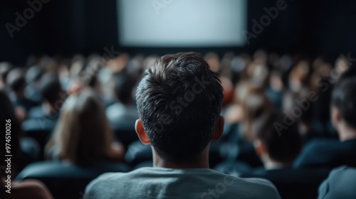 A person seated in the center among an audience, all focused on a screen at the front with an atmosphere full of anticipation. Captivates attention and presence.