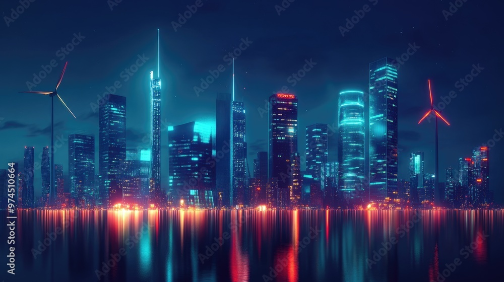 A vibrant city skyline at night powered by renewable energy, solar lights, and wind-powered turbines on buildings A vibrant city skyline at night powered by renewable energy, solar lights, and wind-powered turbines on buildings