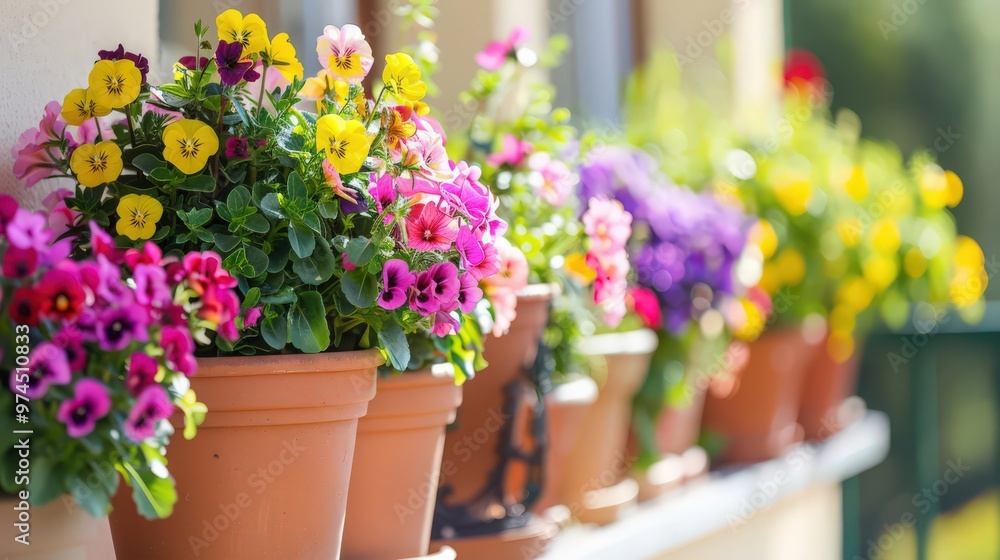 Create a spring balcony garden with pots of vibrant petunias, pansies, and begonias, set against a bright and sunny backdrop Create a spring balcony garden with pots of vibrant petunias, pansies, and begonias, set against a bright and sunny backdrop