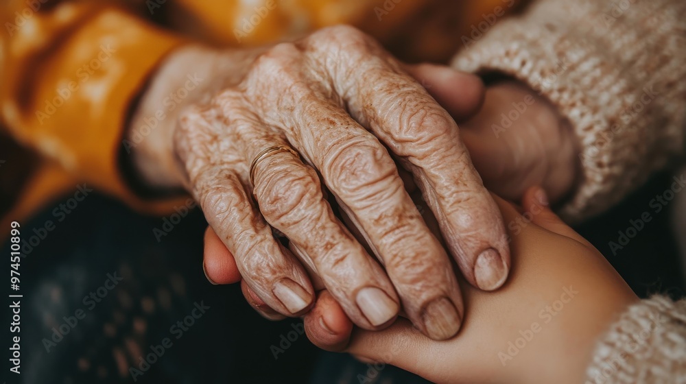 Fototapeta premium A close-up of an elderly person hands, weathered but strong, holding a younger person's hand, symbolizing intergenerational connection.