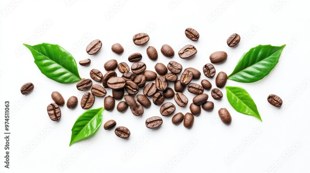 Fresh brown roasted coffee beans arranged with vibrant green leaves, isolated on a white background for a clean and natural look Fresh brown roasted coffee beans arranged with vibrant green leaves, isolated on a white background for a clean and natural look