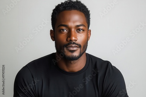 confident african american man in a wellfitted black tshirt standing against a clean white background perfect for showcasing apparel designs or branding photo