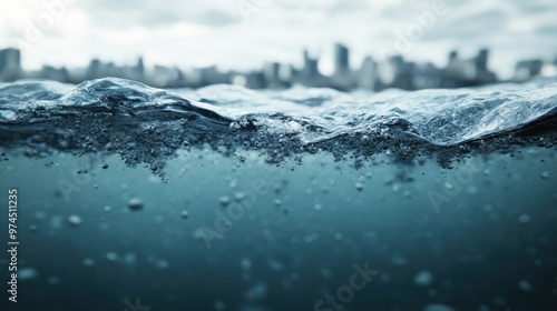 A close-up of the water surface featuring bubbles and ripples in the foreground, with a distant, blurred cityscape in the background, depicting urbanization and the natural element together. photo