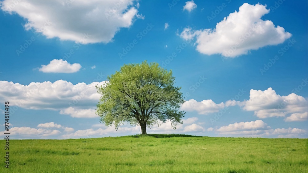 A lone tree stands tall in a grassy field under a bright blue sky with fluffy clouds. A lone tree stands tall in a grassy field under a bright blue sky with fluffy clouds.