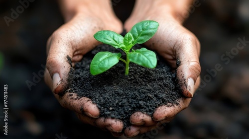 A close-up of hands holding soil with seedlings, representing the nurturing of new life and commitment to environmental restoration.