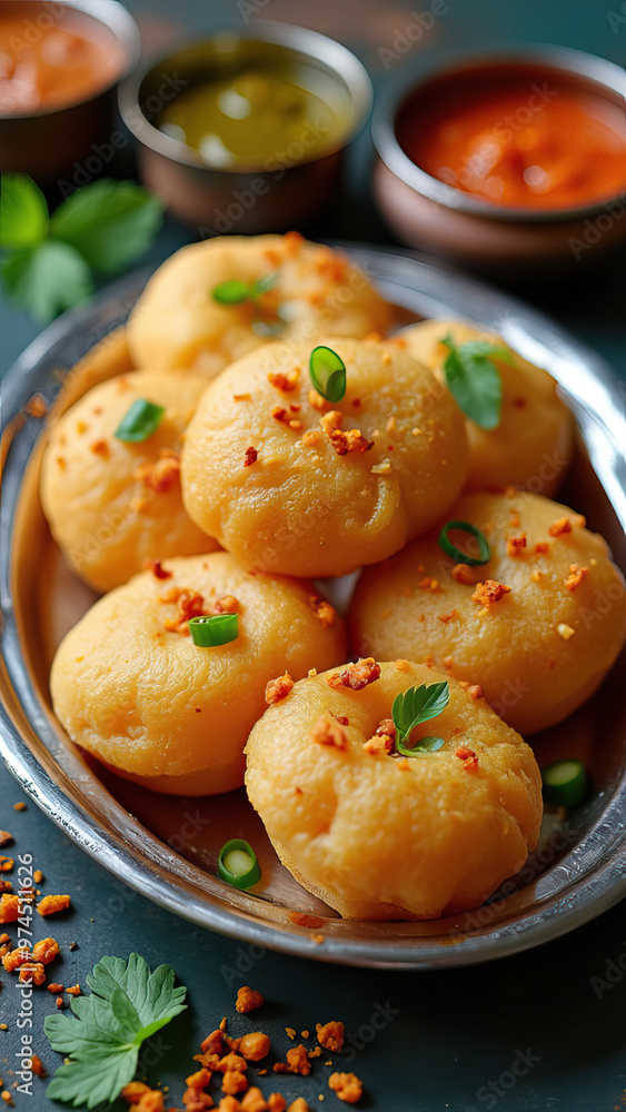 Fototapeta premium Delicious golden dumplings garnished with herbs vertical food photo