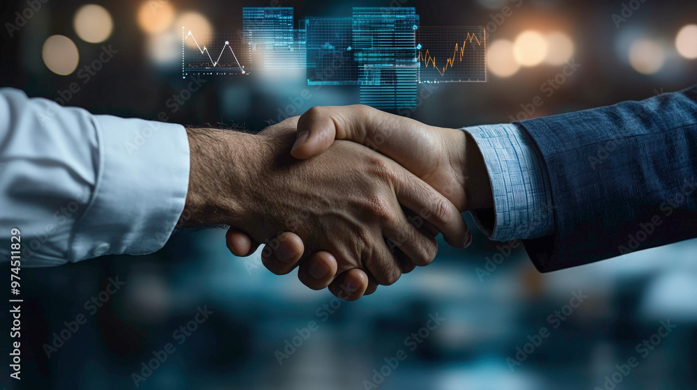 Two professionals shaking hands in a business environment, symbolizing trust, partnership, and growth, with financial charts in the background reflecting progress and successful collaboration. Two professionals shaking hands in a business environment, symbolizing trust, partnership, and growth, with financial charts in the background reflecting progress and successful collaboration.