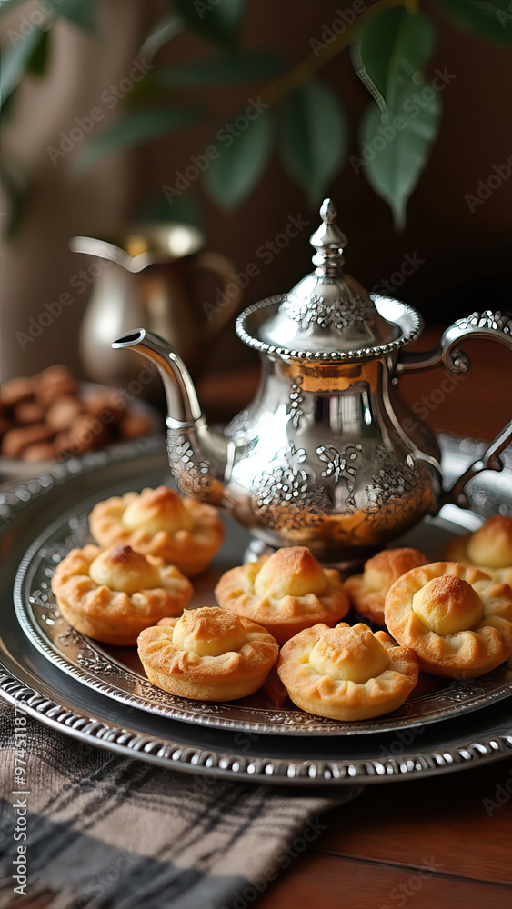 silver teapot accompanied by traditional pastries on decorative tray silver teapot accompanied by traditional pastries on decorative tray