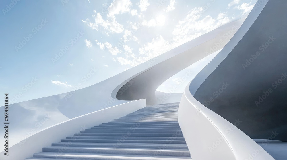 Futuristic staircase architecture with clean, minimalistic lines, leading upward to an open sky. The design represents innovation and modernity Futuristic staircase architecture with clean, minimalistic lines, leading upward to an open sky. The design represents innovation and modernity