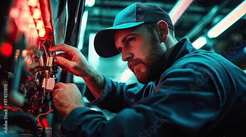 auto electrician repairs car electronics. Selective focus