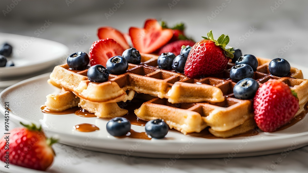 Freshly made waffle, golden and crispy, sitting on a white plate, topped with maple syrup, strawberries and blueberries Freshly made waffle, golden and crispy, sitting on a white plate, topped with maple syrup, strawberries and blueberries