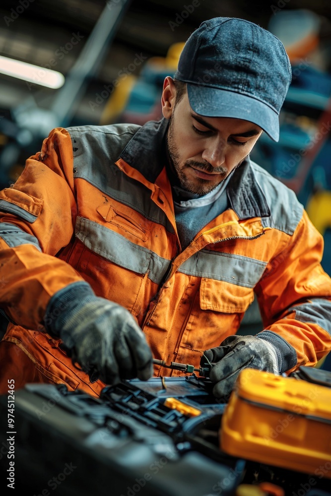 auto mechanic replaces the battery in the car. Selective focus auto mechanic replaces the battery in the car. Selective focus